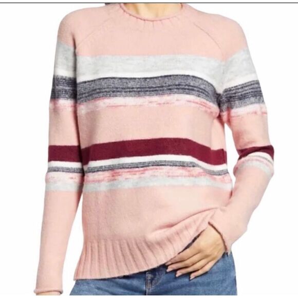 Caslon Sweater Pink Rocking Stripe Crew Neck Wide Ribbed Hem Side Slits Medium - Picture 2 of 15